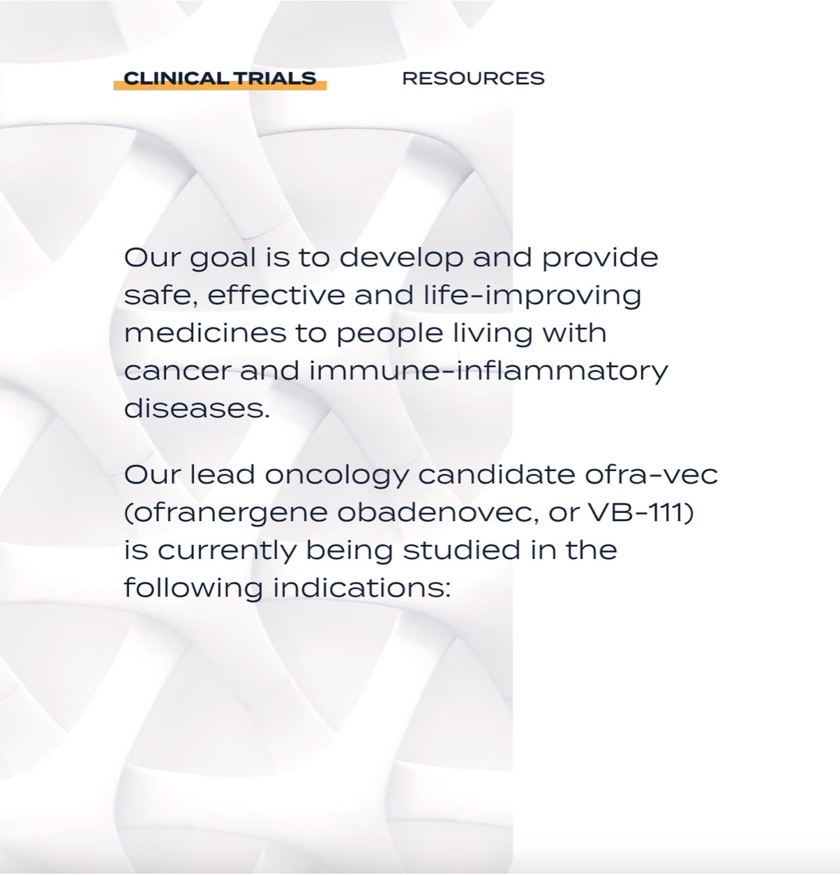 screenshot of Clinical Trials page on VBL website