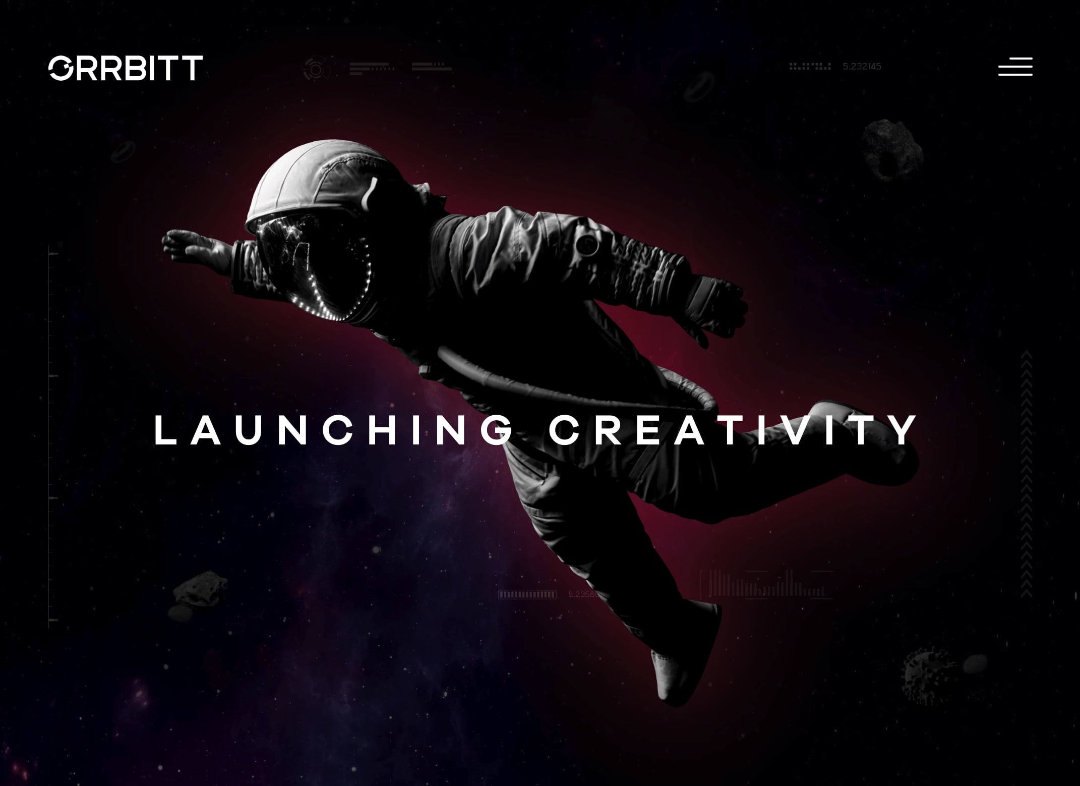 screenshot of Orrbitt site homepage with text "Launching Creativity" over a floating astronaut